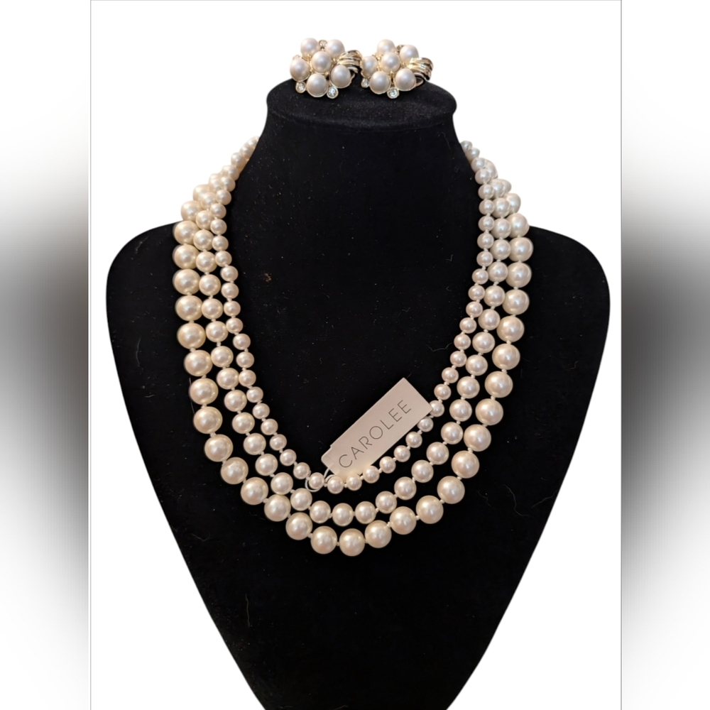 Vintage NOS Carolee Faux Pearl Necklace & Sarah Coventry Pearl Earrings Set